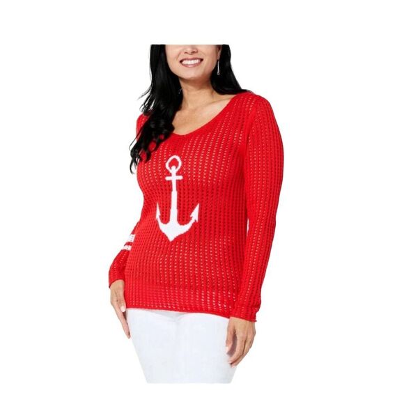 Colleen Lopez M Red Crochet Anchor Pullover Sweater V-Neck Casual​ - Picture 1 of 11